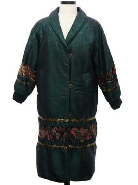 Vintage 80s Long Green Raincoat Jacket Floral Trim Midi Embroidered Women’s XL